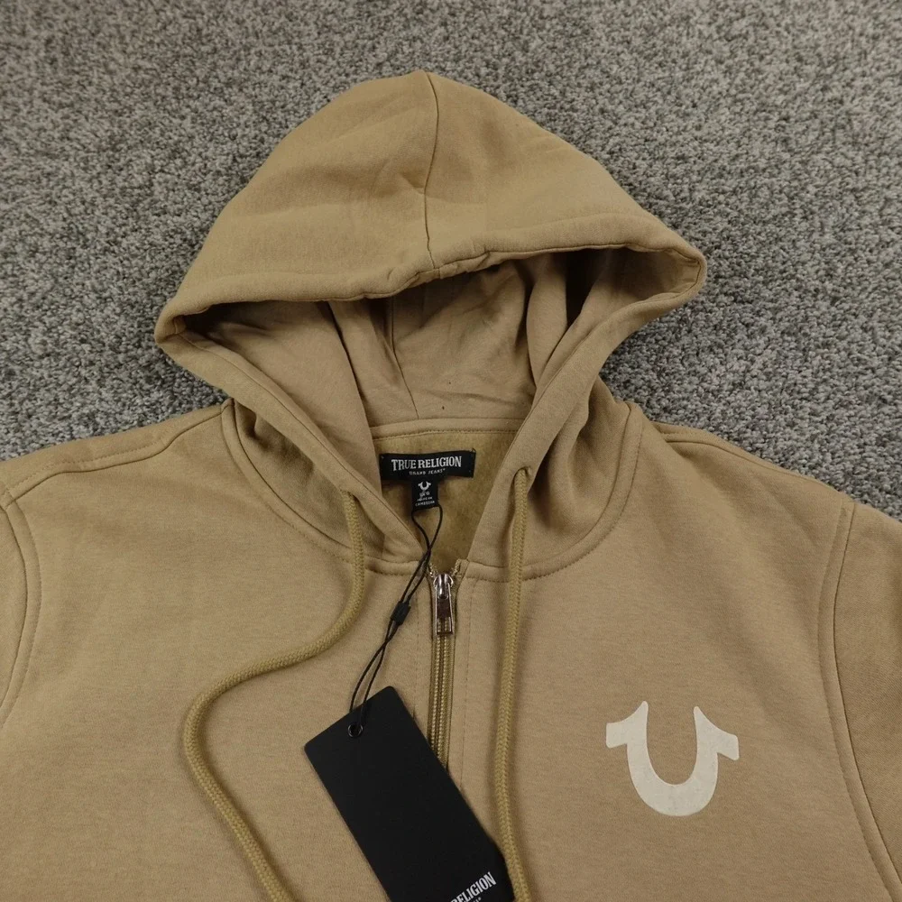 NEW True Religion Hoodie Mens L Beige Buddha Full Zip Sweater Sweatshirt Jacket